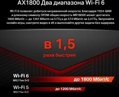 Wi-Fi роутер Mercusys MR1800X, 802.11a/b/g/n/ac/ax, 2.4 / 5 ГГц