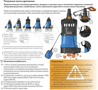 Насос дренажный Джилекс 220/12 590Вт 13200л/час (в компл.:Переходник "Елочка" на три размера шланга 25/32/40мм) (5101)