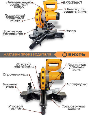 Торцовочная пила Вихрь ПТ-210ПЛ 1700Вт 5000об/мин d=210мм