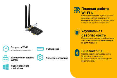 Сетевой адаптер Wi-Fi + Bluetooth TP-Link Archer TX50E AX3000 PCI Express (ант.внеш.несъем.) 2ант.