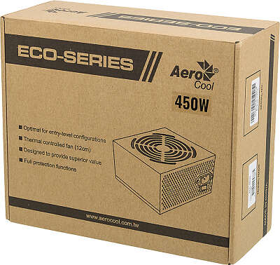 Блок питания Aerocool ATX 450W ECO-450 (20+4pin) 120mm fan 2xSATA RTL