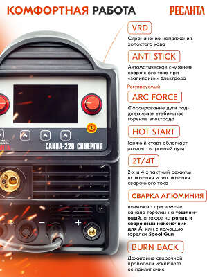 Сварочный аппарат Ресанта САИПА-220 СИНЕРГИЯ ММА DC/MIG-MAG/FCAW/TIG 9.2кВт