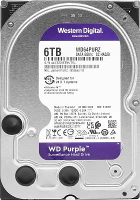 Жесткий диск SATA3 6Tb [WD64PURZ] (HDD) Western Digital Purple, 5400rpm, 256Mb