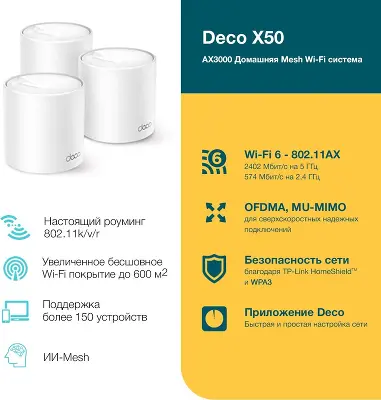 Mesh система TP-LINK DECO X50, 802.11a/b/g/n/ac/ax, 2.4/5ГГц, до 2402 Мбит/с, 3шт