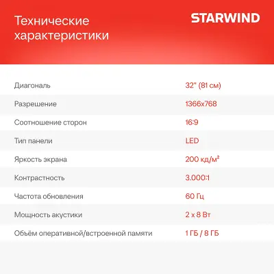 Телевизор 32" StarWind SW-LED32SG305 HD HDMIx2, USBx1