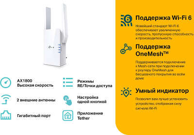 Усилитель сигнала (репитер) TP-Link RE605X, 802.11a/b/g/n/ac/ax, 2.4 / 5 ГГц