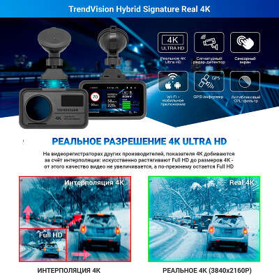 Видеорегистратор с радар-детектором TrendVision Hybrid Signature Real 4K GPS ГЛОНАСС черный