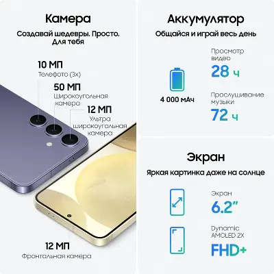 Смартфон Samsung Galaxy S24, Samsung Exynos 2400, 8Gb RAM, 128Gb, фиолетовый (SM-S921BZVDCAU)