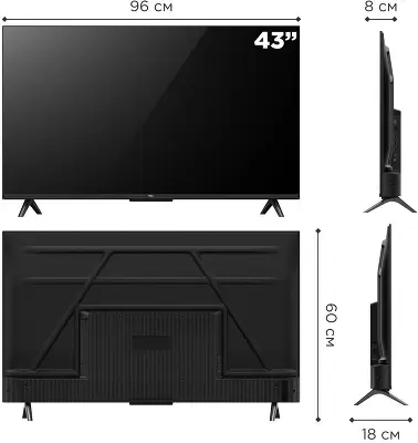 Телевизор 43" TCL 43V6B, 4K UHD, DVB-T /T2 /C, HDMIx3, USBx2, WiFi, Smart TV, черный