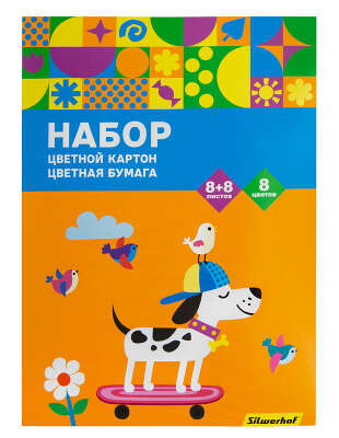 Набор картона/бумаги Silwerhof ассорти 16л. 8цв. A4 Скейтбордист 230г/м2 1диз. обл.мел.картон папка