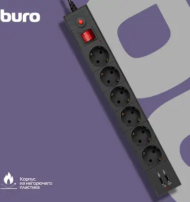 Сетевой фильтр Buro BU-SP1.8_USB_2A-B 1.8м (6 розеток) черный (коробка)