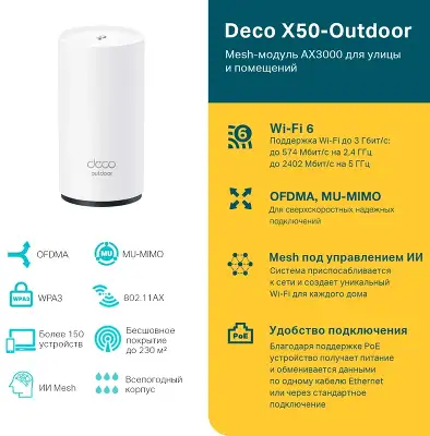 Бесшовный Mesh роутер TP-Link Deco X50-Outdoor(1-pack) AX3000 1000BASE-T белый