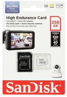 Карта памяти 256 Гб Micro SDXC SanDisk High Endurance Class 10, UHS-I U3 [SDSQQNR-256G-GN6IA] с адаптером