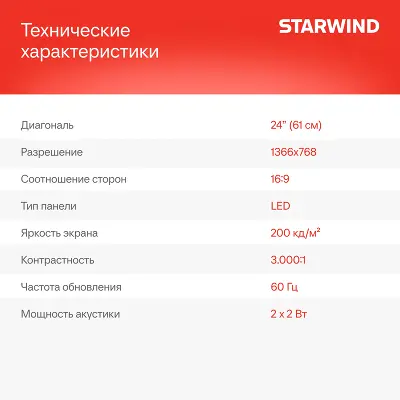 Телевизор 24" StarWind SW-LED24SG304 HD HDMIx2, USBx2