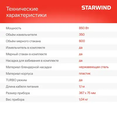 Блендер погружной Starwind SBP2200 850Вт черный/серебристый