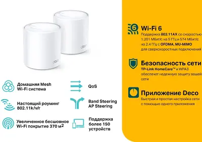 Mesh система TP-LINK DECO X20, 802.11a/b/g/n/ac/ax, 2.4/5ГГц, до 1201 Мбит/с, 2шт