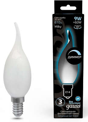 Лампа светодиодная Gauss Filament 104201209-D 9Вт цок.:E14 свеча 220B 4100K св.свеч.бел.нейт. (упак.:10шт)