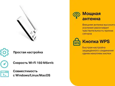 Сетевой адаптер Wi-Fi TP-Link TL-WN722N N150 USB 2.0 (ант.внеш.съем) 1ант.