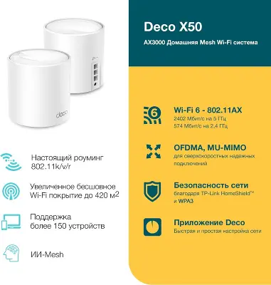 Mesh система TP-LINK DECO X50, 802.11a/b/g/n/ac/ax, 2.4/5ГГц, до 2402 Мбит/с, 2шт