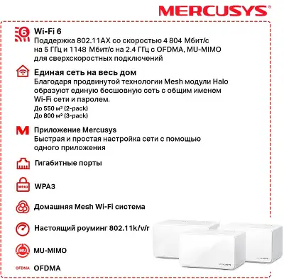 Бесшовный Mesh роутер Mercusys Halo H90X(3-pack) AX6000 10/100/1000BASE-TX белый (упак.:3шт)